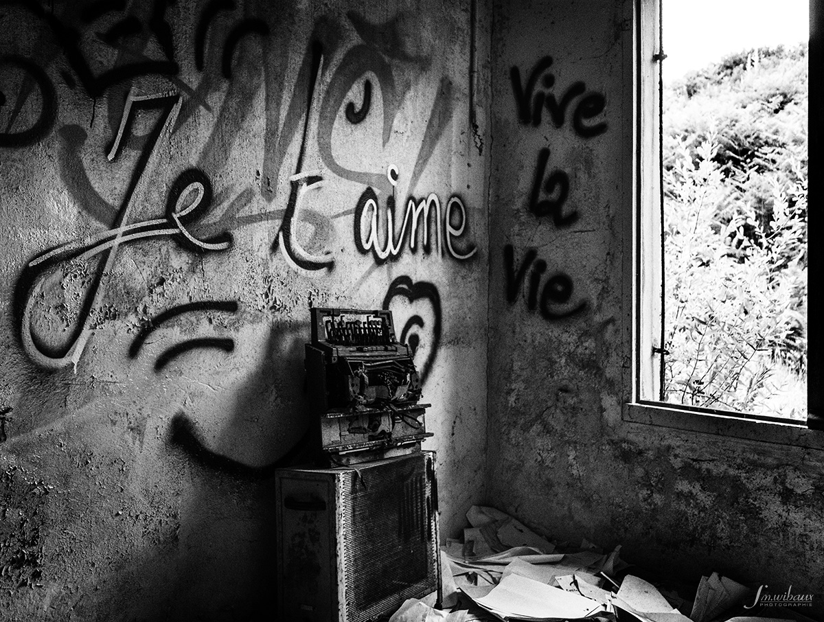 Graffiti sur les murs d'un bâtiment abandonné : je t'aime, vive la vie