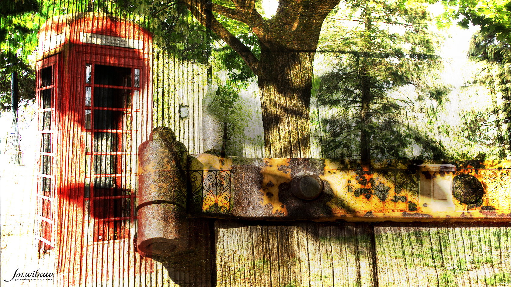 Cabine téléphonique et parc verdoyant en été